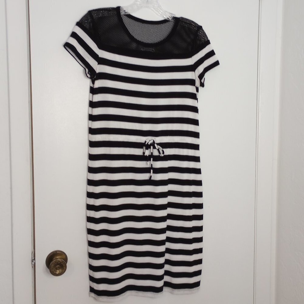 Calvin Klein Black & White Striped Drawstring Waist Dress